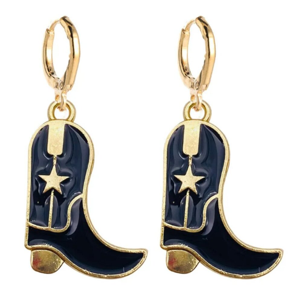 Gold & Black Enamel Cowgirl Cowboy Boots Charm Hoop Huggies